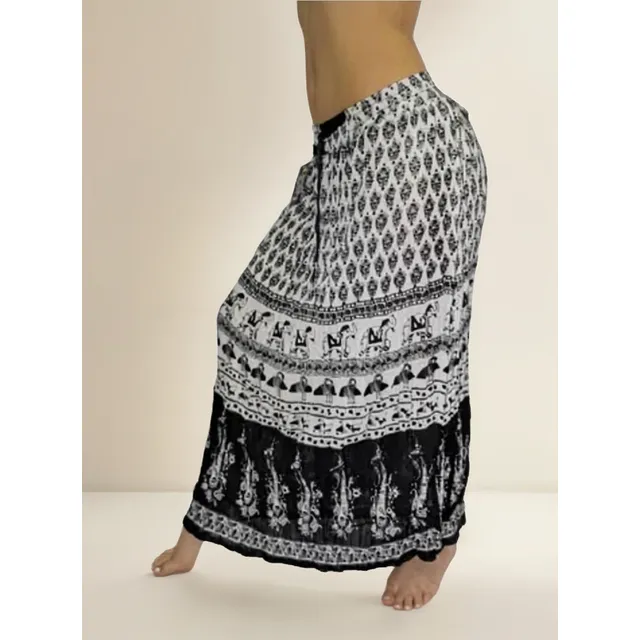 Falda Larga Pollera Bagru Hindu Estampado Unico Blanco Negro