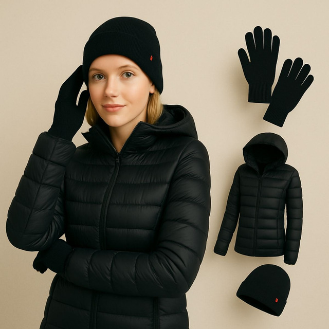 Kit Inverno Casaco Impermeável Puffer Gorro Cachecol Luvas Kit Inverno Casaco Impermeável Puffer Gorro Cachecol Luvas
