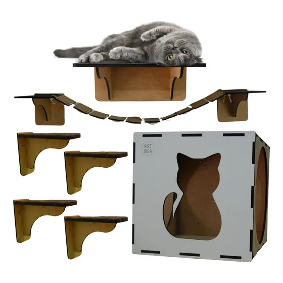 Kit De Gato Casa Casinha Parede Playground 7 Peças Promoção