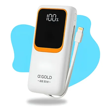 Carregador Portátil 20000mAh Turbo 22,5W com Cabos Tipo-C e Lightning A'Gold