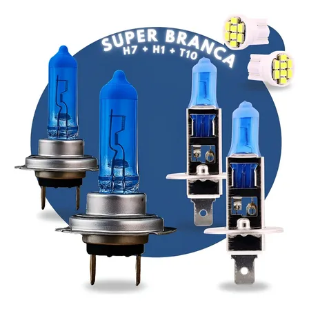 Kit 6 Lâmpadas Super Branca 8500k Farol Baixo H7 Alto H1 T10