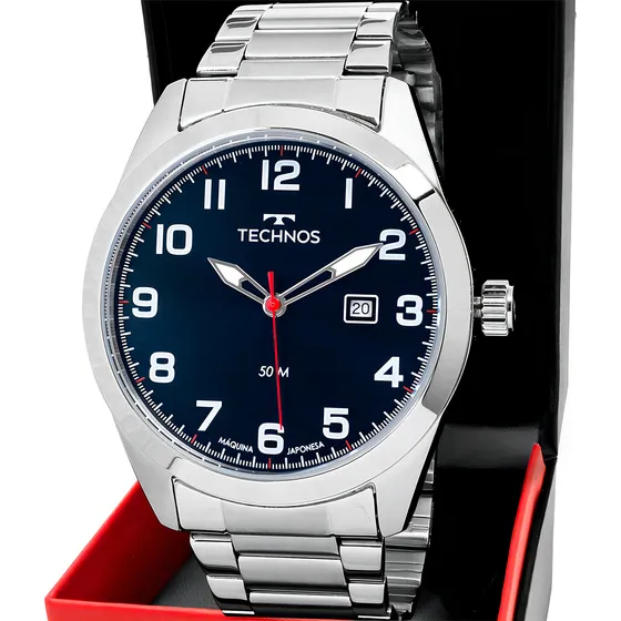 Relógio Masculino Technos Militar Prova D'água Cor Do Bisel Prateado Fundo Preto Calendário 2115tyn/1a