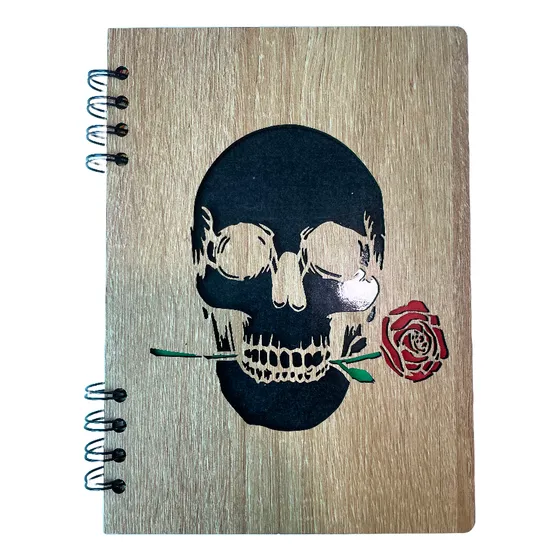 Libreta De Madera Artesanal Con Diseño De Calavera Y Rosa