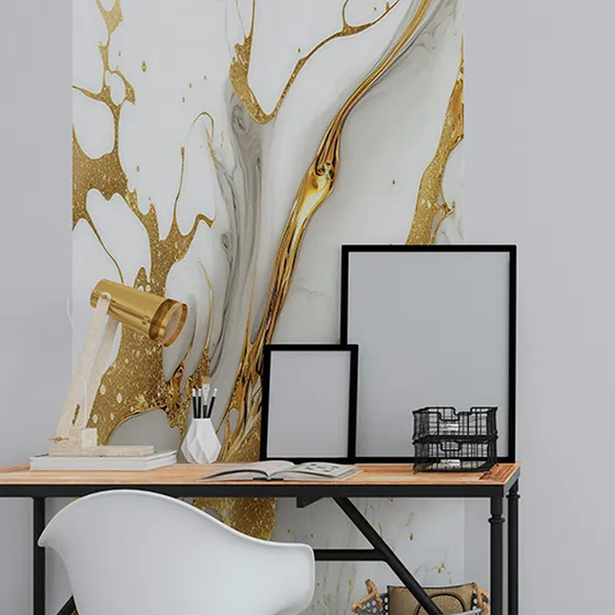 Papel De Parede Painel 3d Mármore Branco Fio Dourado  1m