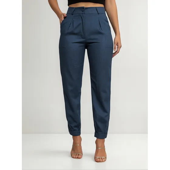 Calça Feminina Alfaiataria Linho Social Com Botões Moda