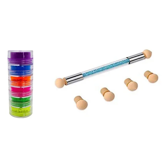 Pincel Difuminador + Pigmentos Neón Para Uñas Torre De 6 Pzs