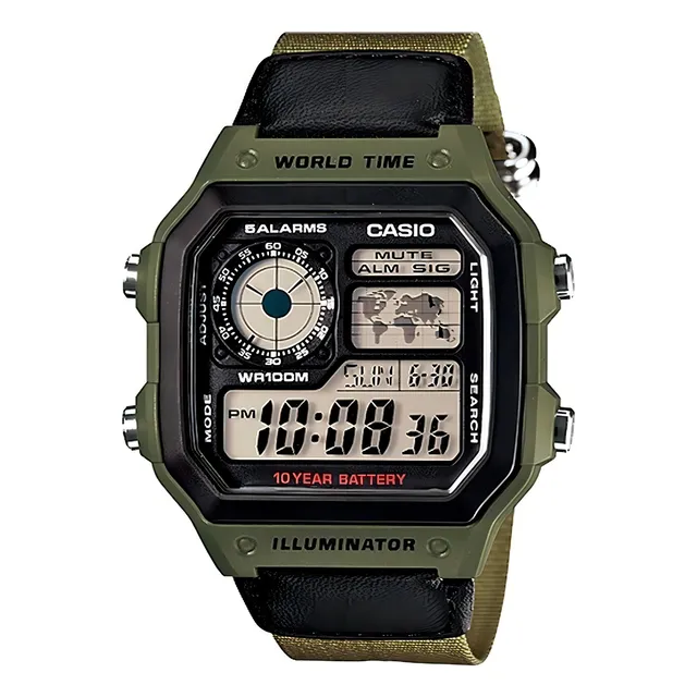 Reloj pulsera digital Casio AE-1200 con correa de tela color negro/verde - fondo negro