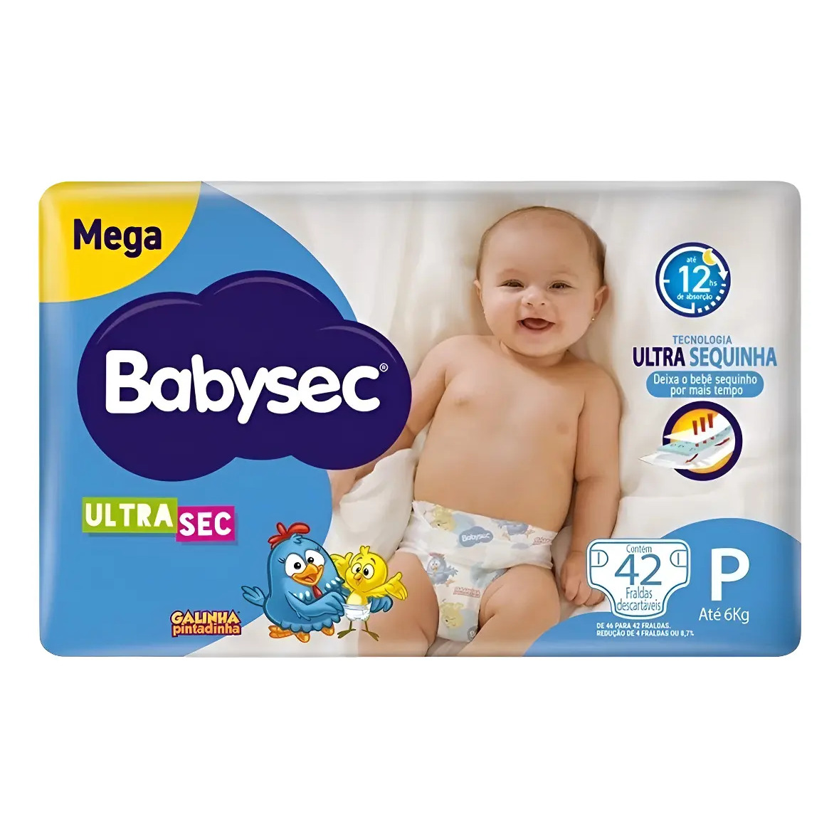 Embalagem de fraldas Babysec Ultrasec tamanho P com 42 unidades, exibindo o bebê e a estampa da Galinha Pintadinha