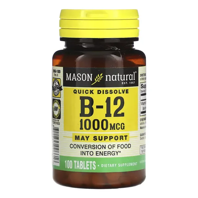 Vitamina B12 1000mcg (sublingual) Mason Natural 100 Tabletas