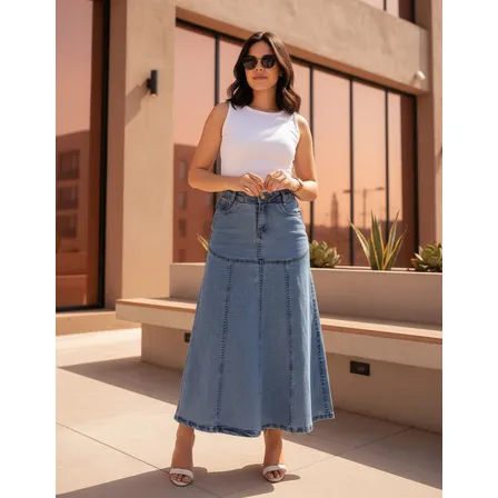 Saia Feminina Longa Jeans Midi Godê Rodada Moda Evangélica