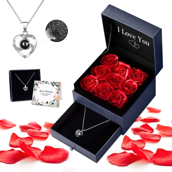 Collar De Rosa Preservada, Con I Love You En 100 Idiomas, 9