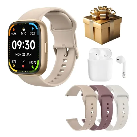 Smartwatch Fitness Feminino Compatível Com Strava Alexa Gps Dourado Bege