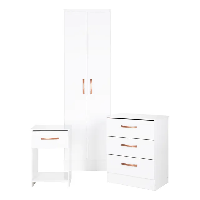 Ropero Clóset 2 Puertas + Cómoda Cajonera 3 Cajones + Buró Mesita de Noche Blanco 3 Piezas Madera MDP Mueble Organizador Recámara Dormitorio KingsHouse