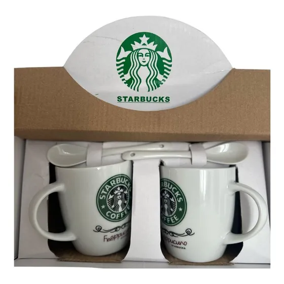 Set De Dos Tazas Starbucks De Cerámica Con Cuchara P/café Blanco Set-2