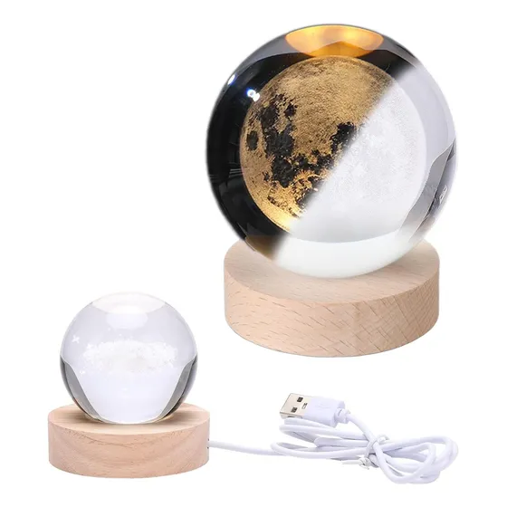 Luz De Noche Base De Madera Esfera Led Grabada Usb Bola