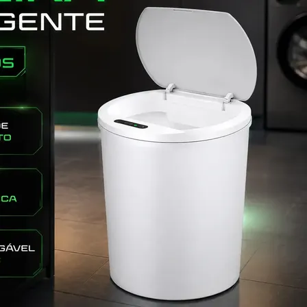 Lixeira Automática Inteligente 18 Litros Redonda Cor Branca com Sensor Infravermelho Tampa Touchless Recarregável USB Anti Odor para Cozinha e Banheiro