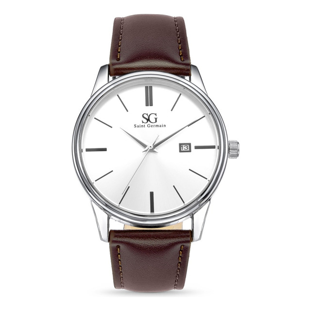Relógio Masculino Couro Marrom Prata Saint Germain 42mm Marrom Prateado
