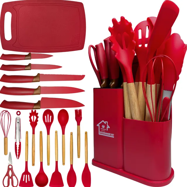 Kit Utensílios Silicone C/ Cabo De Madeira E Facas Em Inox