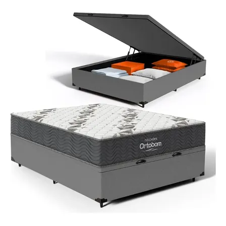 Cama Box Baú Casal + Colchão Espuma D33 Ortobom Airtech 100 Cinza