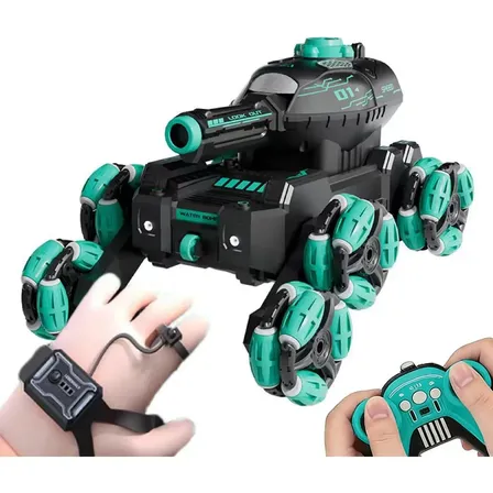 Carrinho Controle Remoto Tanque De Guerra Atira Bolinha Cor Azul-turquesa Personagem Tanque Controle Remoto
