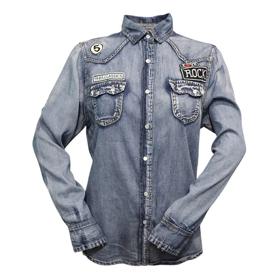 Camisa De Jeans Con Apliques Botones A Presión, Arremangable