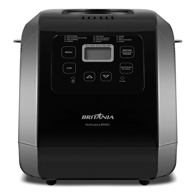 Panificadora Britânia BPNE01 na cor preta com painel digital frontal e menu de 12 programas de preparo