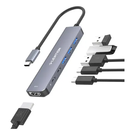 Adaptador Hub Usb C Hdmi 4k@60hz Lention 6 Em 1 Dock Station Multiporta Dongle Usb-c Data Porta 3 Usb-a 3.0, Pd 100w... Cinza