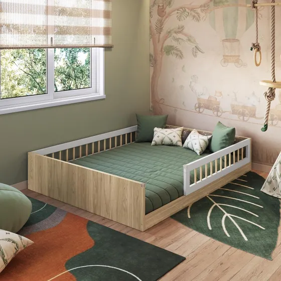 Cama Casal Infantil de Chão Montessoriana para Menino e Menina com Grade de Proteção Lateral Cor Aveiro Oak