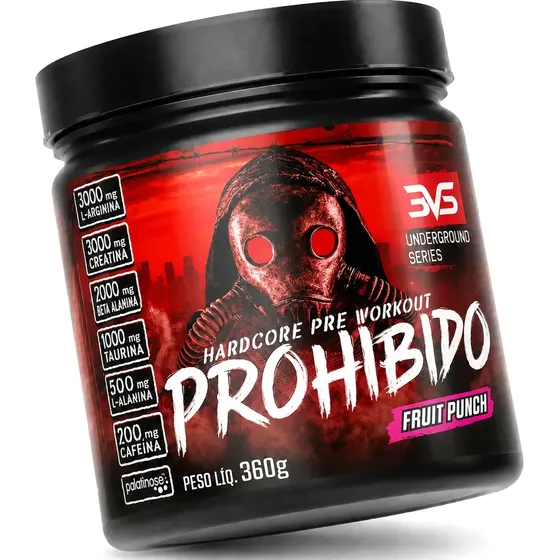 PRÉ TREINO PROHIBIDO 360g Sabor Fruit Punch - Fórmula Avançada contendo Creatina, Beta Alanina, Taurina, L-tirosina, L-alanina, Cafeína, Arginina e Palatinose - Extra Forte