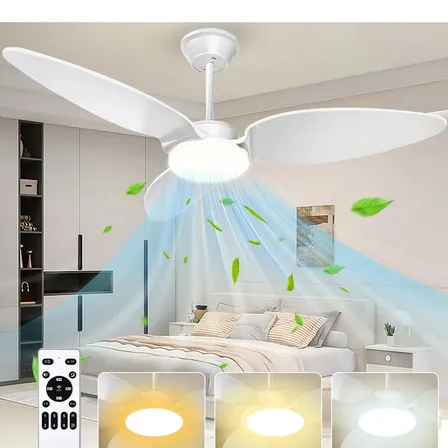 Ventilador Teto ANTUVI 42" Moderno,C/3 Tons de Luz Ajustáveis,Controle Remoto a Temporizador,Motor DC Reversível,Luminária Ventilador Silencioso 3 Pás,6 Velocidades,Ideal para Quarto, Infantil,Nível A