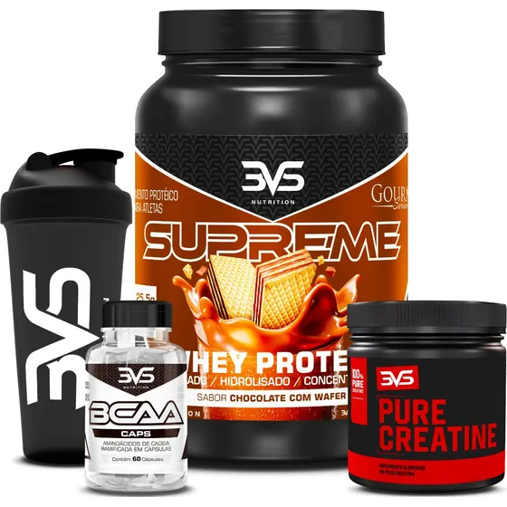 Kit Whey 3w Supreme 900g + Bcaa + Creatina 100% Pura 150g Sabor WAFFER/CHOCOLATE