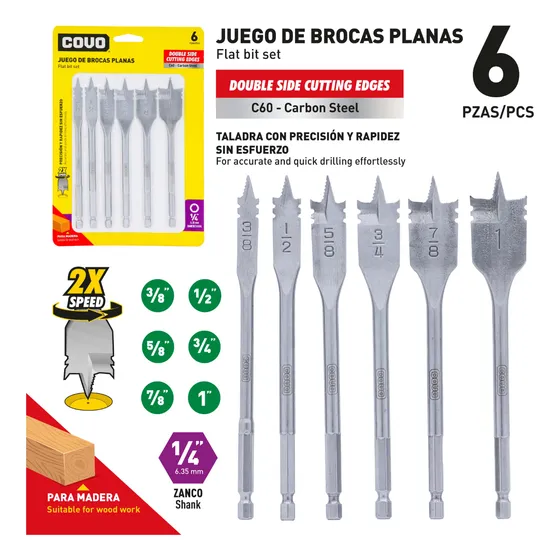 Juego De Mecha Plana P/ Madera 6und Covo
