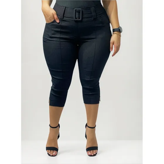 Calça Capri Feminina Plus Size Social Bengaline Com Cinto