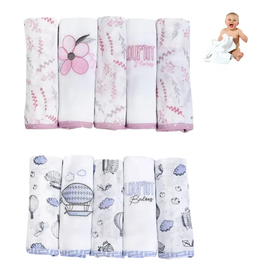 Kit 5 Fraldas Pano Ombro Bordado Bainha Tecido Duplo Macio