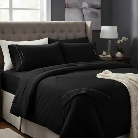 Jogo De Lençol Casal 400 Fios C/ Elástico 3 Pçs Luxo Preto Preto Liso