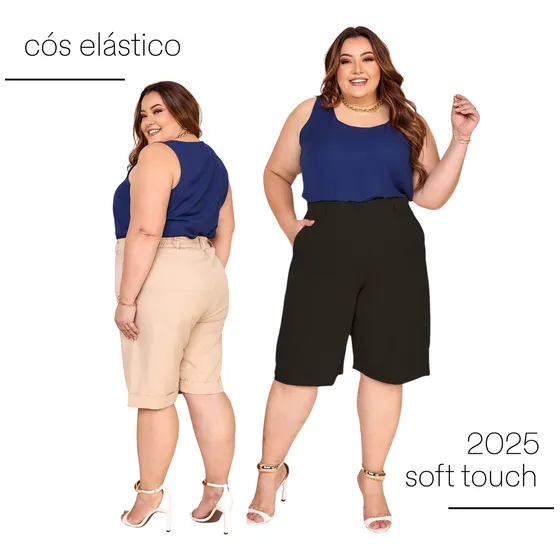 Shorts Alfaiataria Plus Size Cós Elástico Bermuda Feminina
