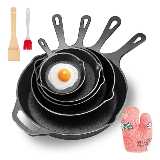 Sartén De Hierro Fundido Antiadherente Set De Sartenes 5 Pcs, BUYIO Multifuncional Sartén para Freír, 5 Pieces Chef Set con Asas- 10cm, 14cm, 16cm, 20cm, 26cm para Uso En Interiores Y Exteriores