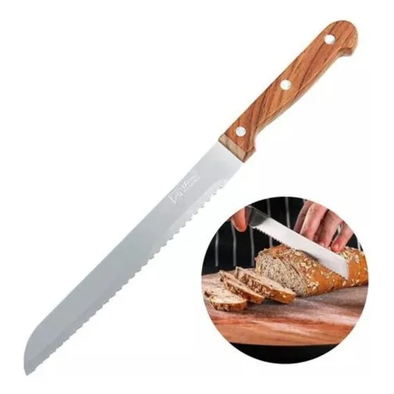 Faca Para Pães Bolos Serra Serrilhada Aço Inox Cabo Madeira