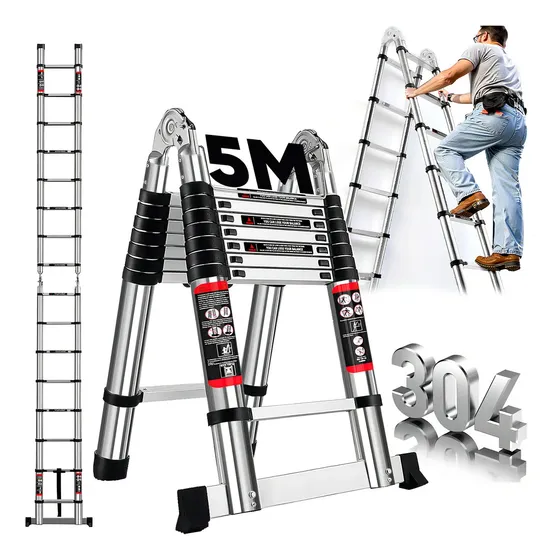 Escalera De Acero Inoxidable Tijera 5M Escalera Telescópica Retráctil Y Multiposiciones Escalera Extensible De 16 Peldaños BOWOSHEN Escalera Fácil De Guardar Capacidad De 150 Kg