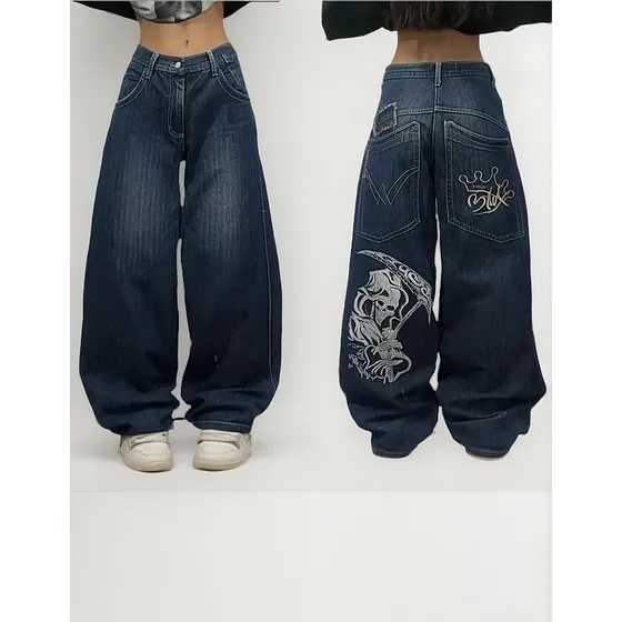 Y2k Baggy Jeans Streetwear Mujer Hip Hop Skull Graphic