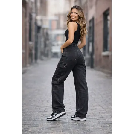 Calça Jeans Feminina Cargo Levanta Bumbum 8 Bolsos Grafite