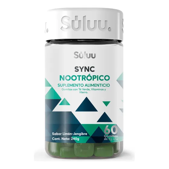 Súluu Sync Nootrópico | Gomitas, Desarrollo Cognitivo, Claridad Mental Y Memoria | 60 Gomitas | Sabor Limón-jengibre | Vitamina E, Vitamina B12, Ácido Fólico, Hierro, Colina Y Cafeína Natural