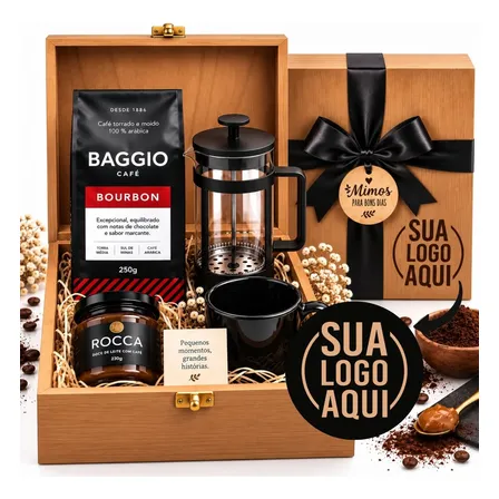 Kit Cesta Presente Café Gourmet - Grave O Nome Ou Sua Arte! Café Moído Com Cafeteira (personalize Com Nome Ou Logo)