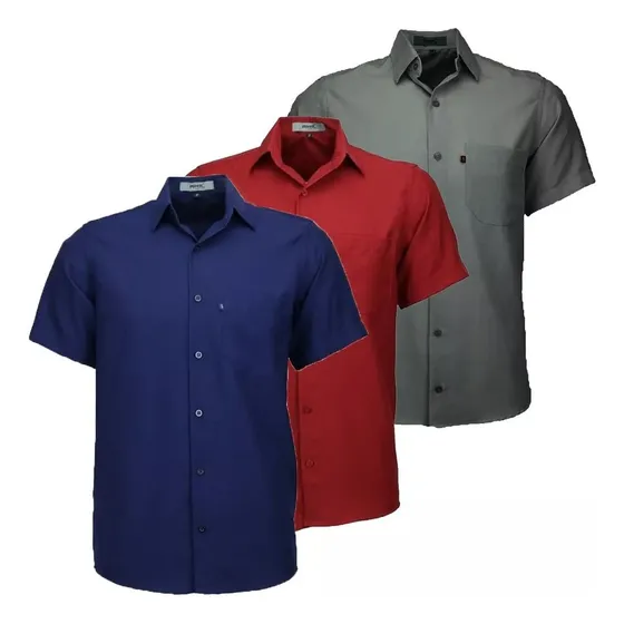 Combo 3 Camisa Social Masculina Manga Curta C/ Bolso Sortida