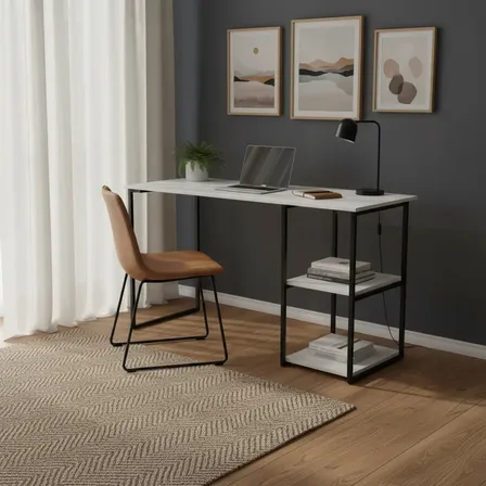 Mesa Com Prateleira Industrial Nicola 120 Preto Tampo Branco Branco