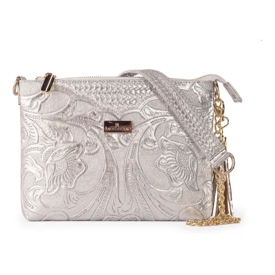 Bolso Modelo Arena Plata Cincelado Piel Bolsa Color Plateado Diseño De La Tela Gráfico