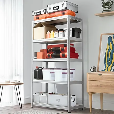 Estante metálico Eoland 180cm x 90cm x 40cm organizador plateado de 5 niveles fácil ensamblado MDF repisas estanterías organizadoras