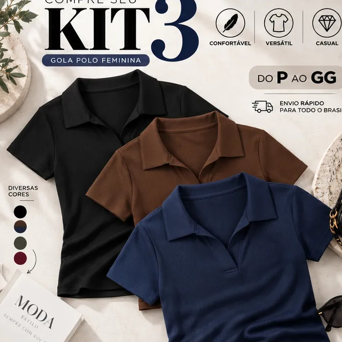 Kit 3 Blusa Feminina Gola Polo Canelada Básica Casual Lisa Preto, Marrom E Azul Liso P/m (36/42) Kit 3 Blusa Feminina Gola Polo Canelada Básica Casual Lisa Preto, Marrom E Azul Liso P/m (36/42)