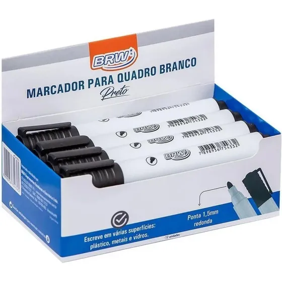 Marcador Quadro Branco Preto Recarregável C/12 Un