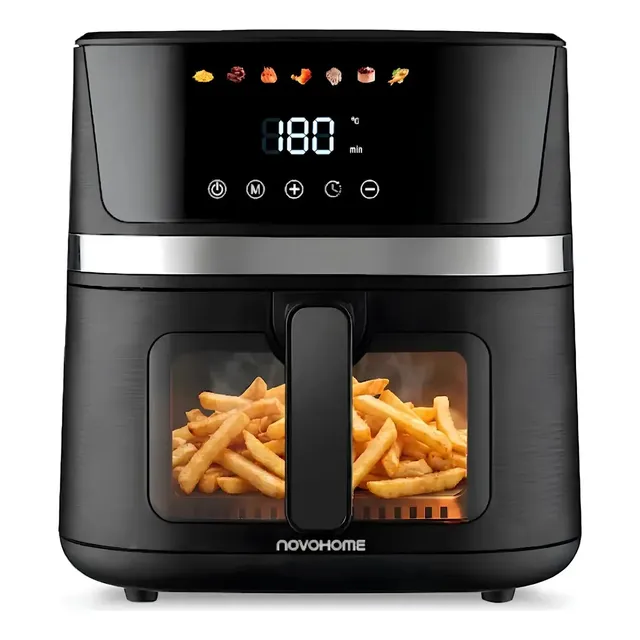 Freidora De Aire Novohome 7 Litros Panel Pantalla Digital Tactil Airfryer Sin Aceite Con Ventana Visor Facil Funcionamiento 1700w